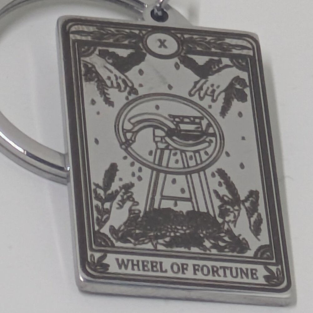 Tarot Card Keychain Stainless Steel  Wheel of Fortune Card Silver